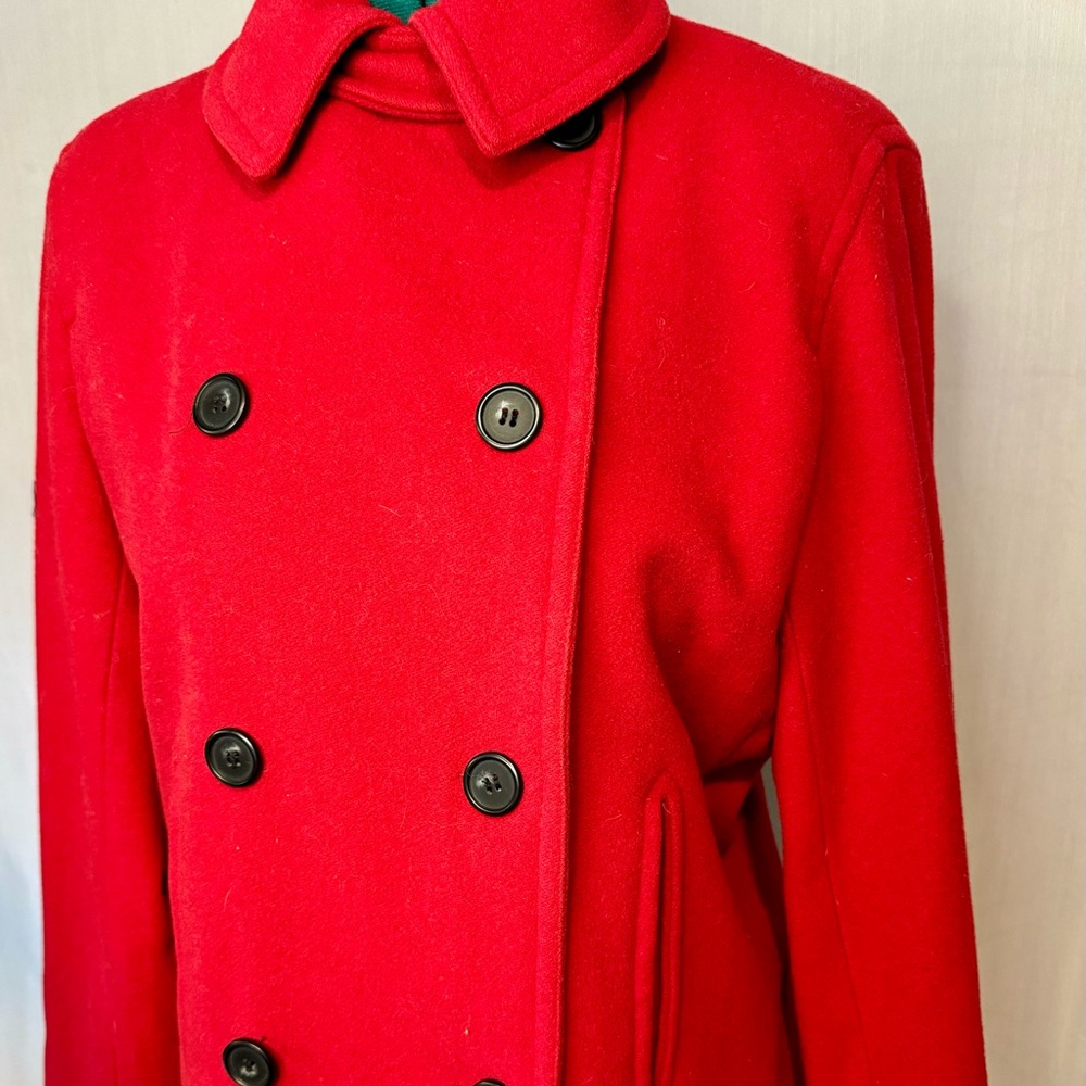 Vintage Liz Claiborne Red Wool coat, hip length, 10 button front, size Med